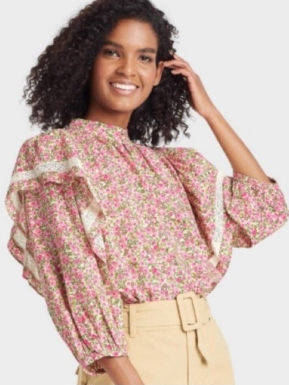🌸 Who What Wear Peasant Romantic Fooral Blouse Ruffle Size Small